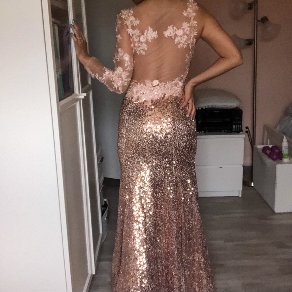 Rose Gold Sequin Maxi Prom Dress Open Back Lace